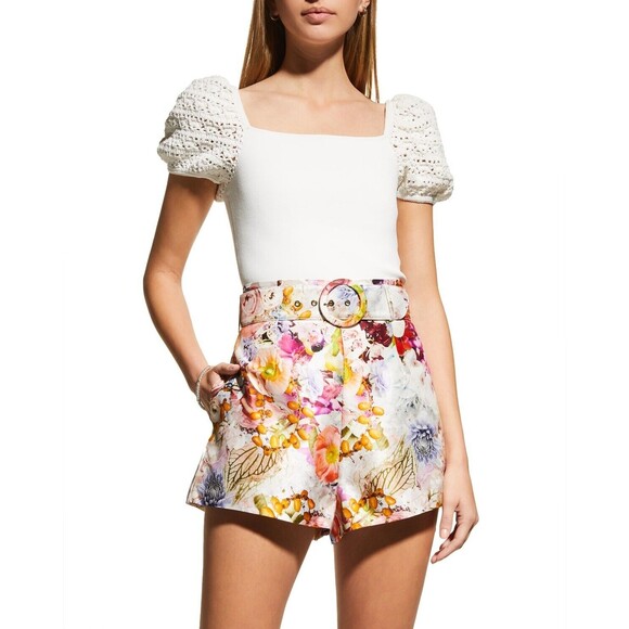 Alice + Olivia Caley Crochet Puff-Sleeve Crop Top, Soft White, M